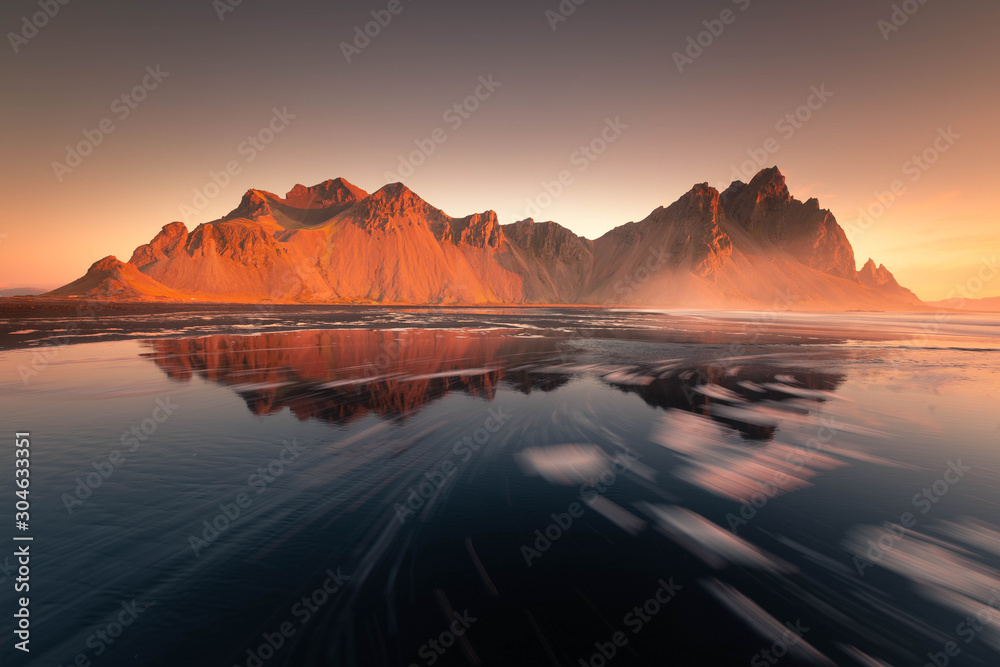 View to the Vestrahorn mountain from the Stokksnes beach, Iceland.	