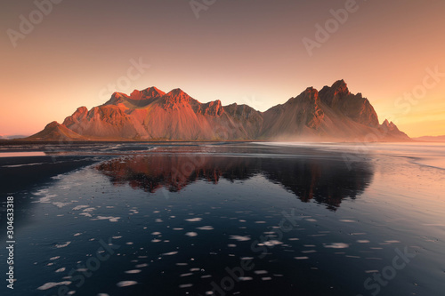 View to the Vestrahorn mountain from the Stokksnes beach, Iceland. 