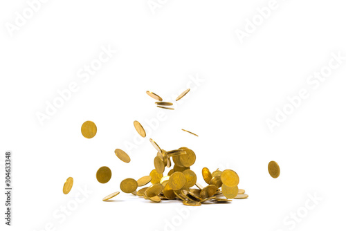 Falling gold coins money isolated on the white background, business concept.