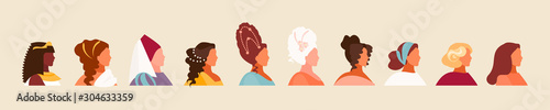 History and evolution of hairstyles. Set of female characters, fashion development. Vector illustration
