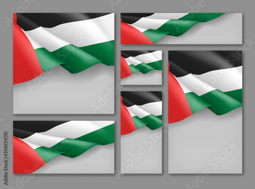 United Arab Emirates patriotic festive banners set. Realistic waving arabic flag on grey background. Independence and freedom vector layouts. Arab Emirates national day concept with copy space.