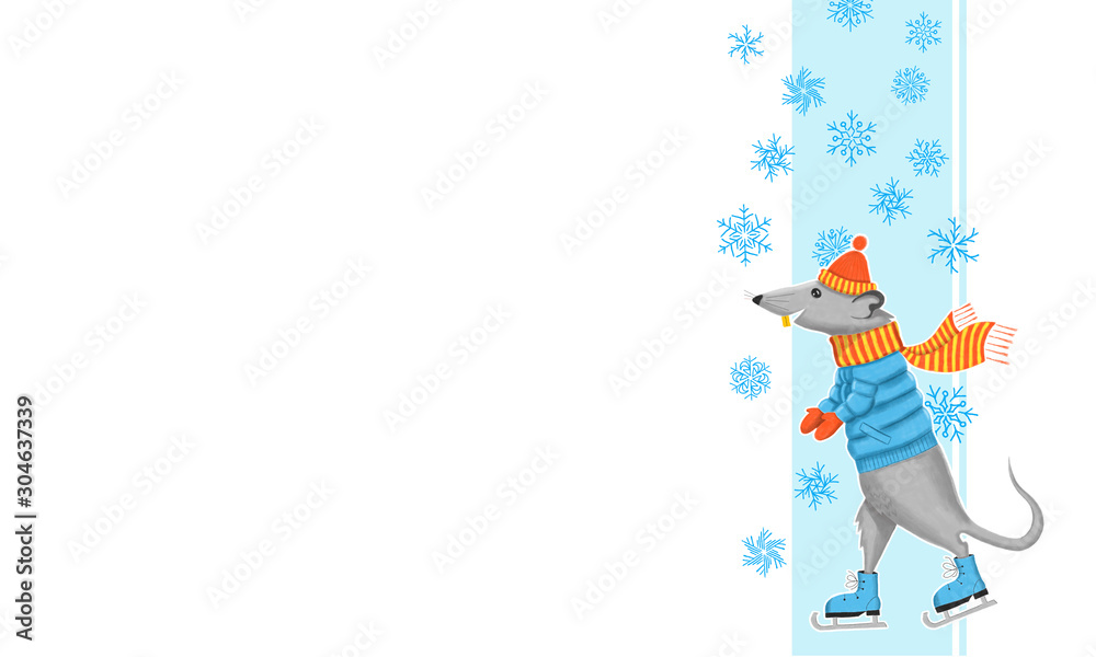 Mouse in jacket, hat and skating and snowflakes Mouse in jacket, hat and skating and snowflakes