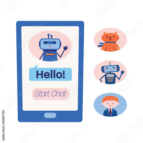 Smart phone screen showing chat with a technical assistance bot and three variants of other chatbots, artificial intelligence, virtual assistant, customer support concept, flat vector illustration
