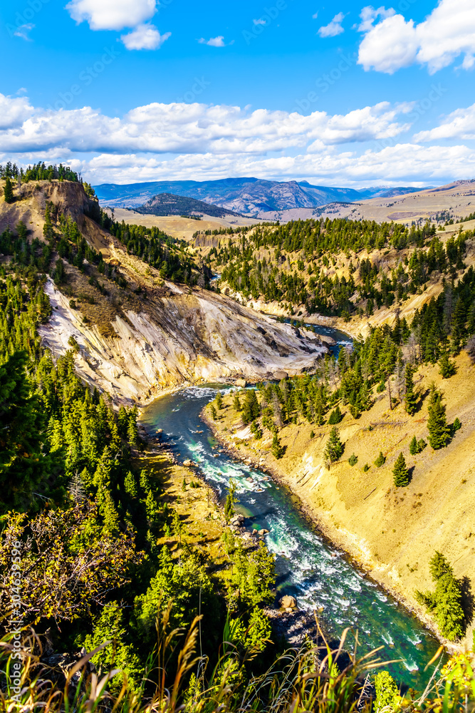 View from Calcite Springs Overlook of the Yellowstone River. The overlook is at the downstream end of the Grand Canyon of the Yellowstone in Yellowstone National Park, Wyoming, USA