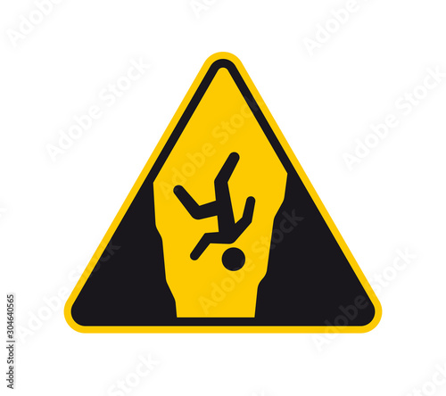 Vector yellow triangle sign - black silhouette figure falling into the gorge. Isolated on white background.