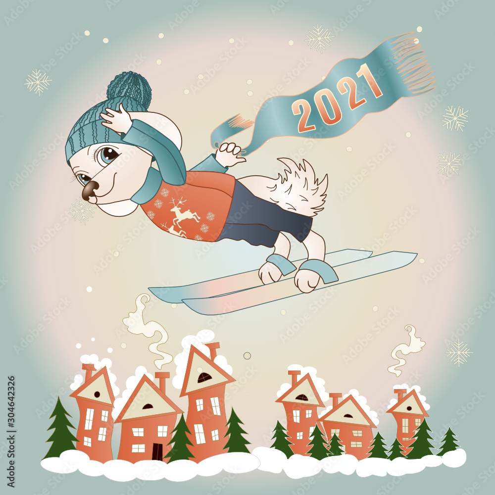 Naklejka premium dog skier dressed in an orange sweater with deers and a blue hat flies over houses and Christmas trees on a background of a winter landscape
