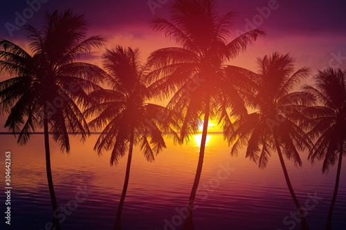 Fototapeta Naklejka Na Ścianę i Meble -  silhouette palm tree and sea at sunset summer nature background