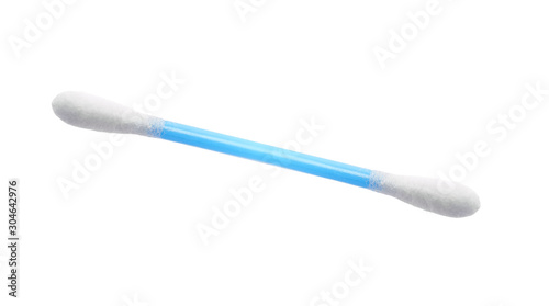 Single blue cotton bud isolated on white background. A clean cotton bud in closeup