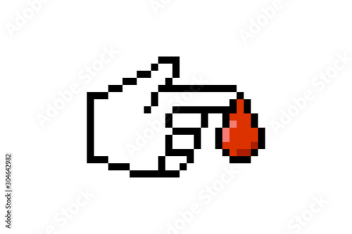 Finger with blood drop. Sugar diabetes test pixel icon vector illustration