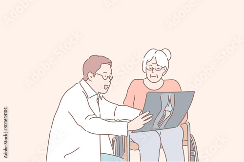 Health, surgery, radiology, senile diseases concept. Young competent doctor explains diagnosis to an elderly woman, disabled person. Professional therapist, surgeon, shows an xray picture. Flat vector