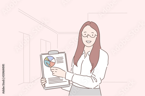 Analytics, progress indicator, conference planning concept. Young happy woman businesswoman analyst presentation of performance for period. Successful girl shows chart of indicators data. Flat vector.
