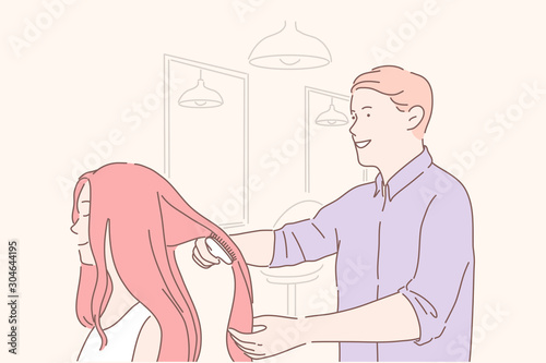 Beauty shop, haircare cut concept. Young professional hairdresser makeup artist combs client treats hair. competent employee in salon communicates with regular customer during work. Flat vector
