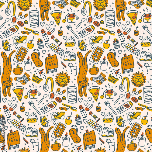 Seamless pattern with everyday objects, light background