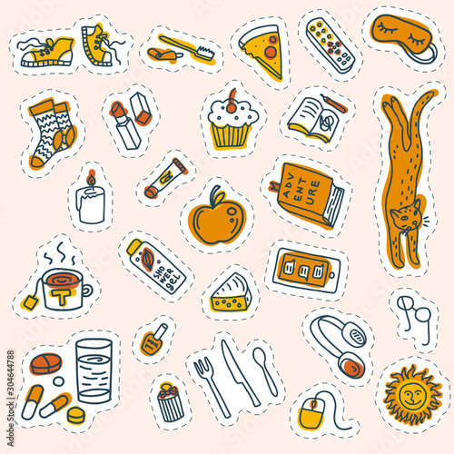 Set of everyday objects doodle stickers