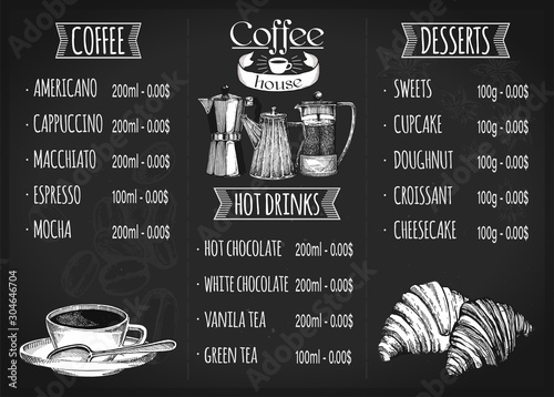 Restaurant menu design. Coffee restaurant brochure vector, coffee shop menu design.