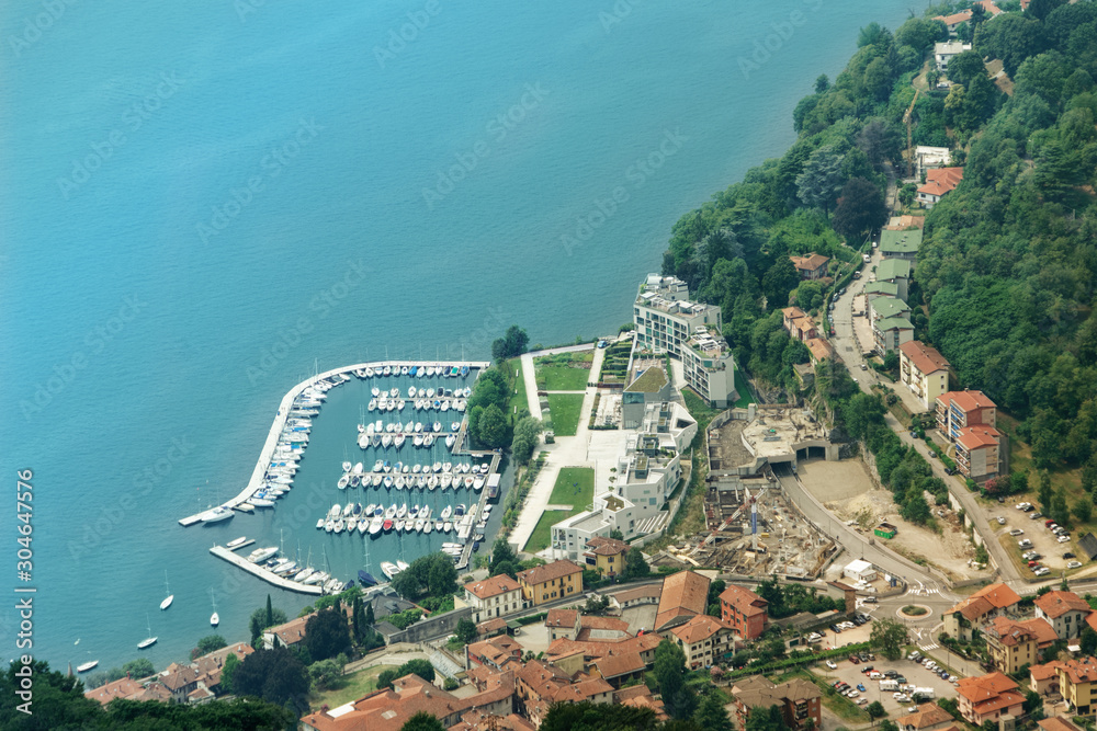 View from Mount Sasso del Ferro to Marina of Laveno at Lake Maggiore, Italy