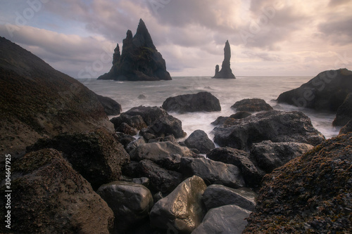 Reynisdrangar rocks at Reynisfjara Beach next to Vik i Myrdal at South Iceland.
