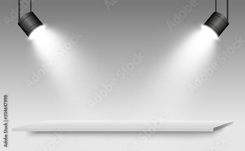 Round podium, pedestal or platform, illuminated by spotlights in the background. Vector illustration. Bright light. Light from above. Advertising place