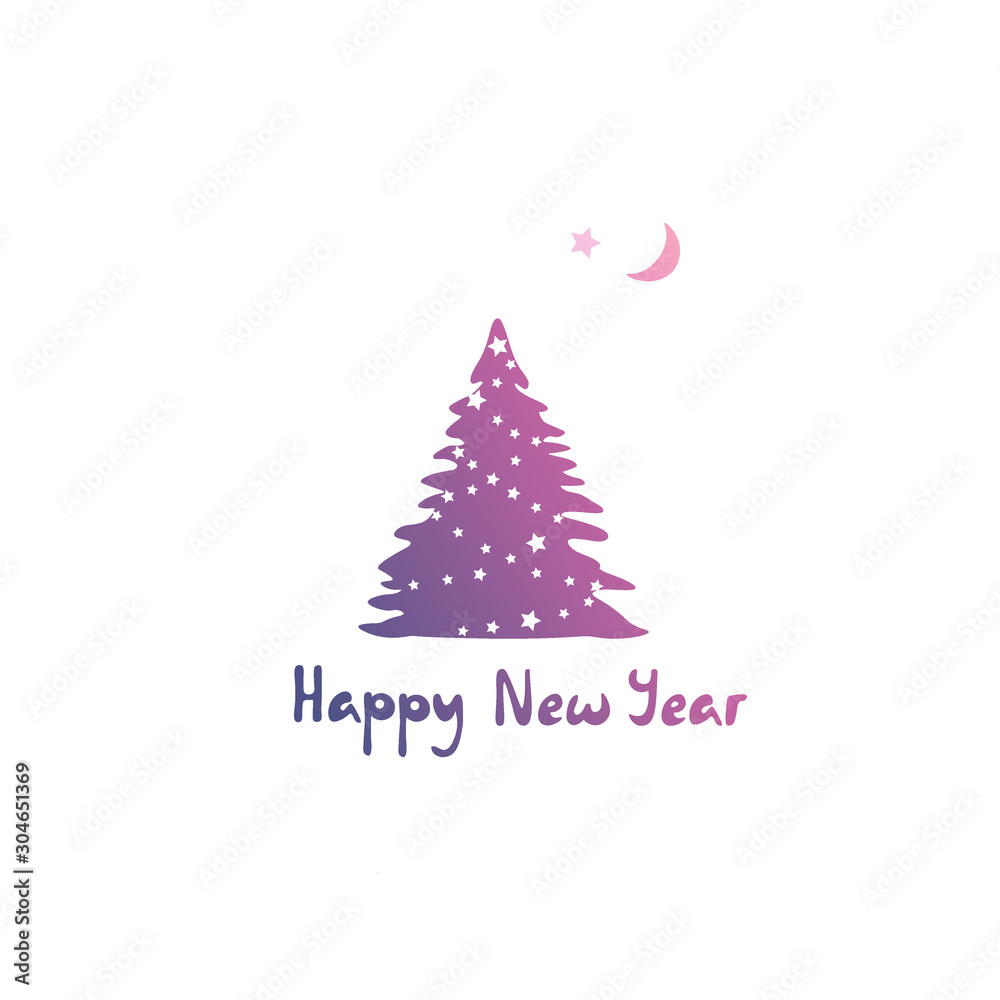 Hand drawn vector fir tree and words Happy New Year