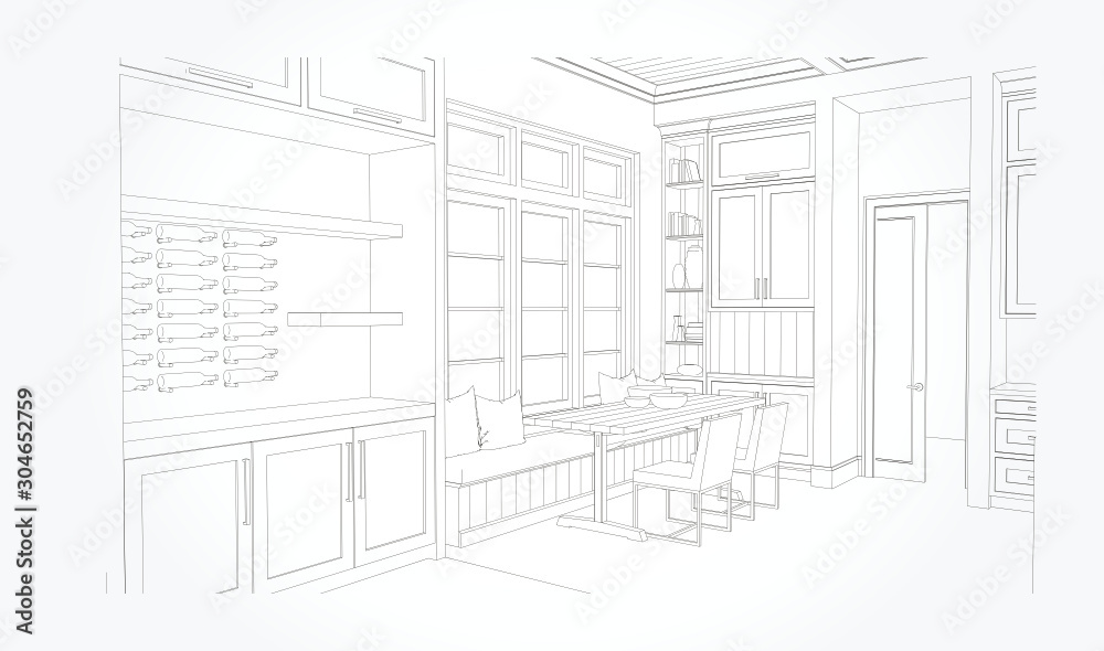 Linear sketch of an interior. Living room plan. Sketch Line sofa set. Vector illustration.outline sketch drawing perspective of a interior space.