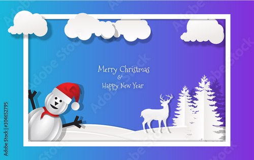 merry christmas and happy new year, vector illustration of paper art, clouds, trees, deer, bears