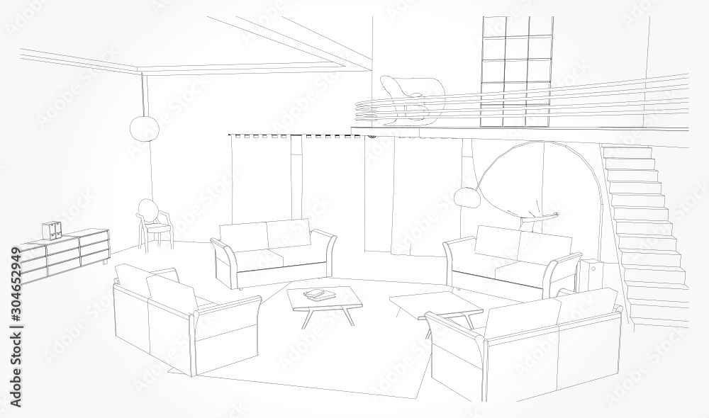 Fototapeta premium Linear sketch of an interior. Living room plan. Sketch Line sofa set. Vector illustration.outline sketch drawing perspective of a interior space.