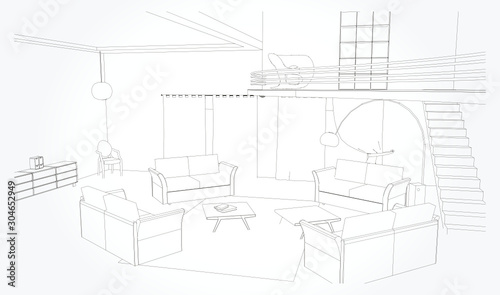 Linear sketch of an interior. Living room plan. Sketch Line sofa set. Vector illustration.outline sketch drawing perspective of a interior space.