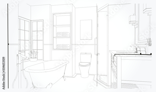 Linear sketch of an interior. Living room plan. Sketch Line sofa set. Vector illustration.outline sketch drawing perspective of a interior space.