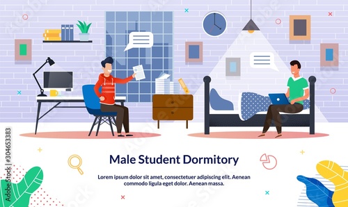 Vector Illustration Male Student Dormitory, Flat.