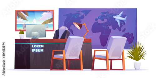 Travel agency office empty interior with desk of consultant on tourism, world map with plane and poster on the wall. Vector cartoon illustration with computer on the table, armchairs and palm in pot