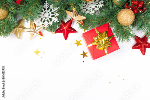 Christmas background with herringbone and decor. Top view with space for copy on a white background.