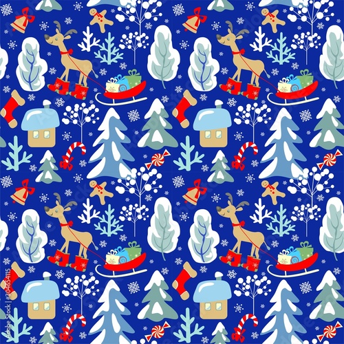 Childish seamless Christmas winter pattern with snowy firs, trees, reindeer, sleigh with presents, candy, sweets, jingle bell, snowflakes for fabric, wrapping, textile, wallpaper, apparel