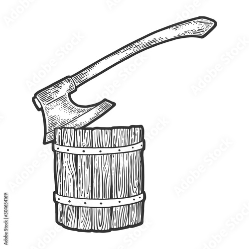 Executioner ax stuck in log sketch engraving vector illustration. T-shirt apparel print design. Scratch board style imitation. Black and white hand drawn image.