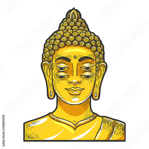 Four eyes buddha golden statue engraving vector illustration. T-shirt apparel print design. Scratch board style imitation. Black and white hand drawn image.