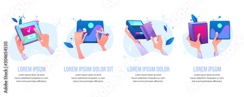 Online order, graphic design painting, card paying, education icons or banners set. Human hands holding gadget, drawing on digital tablet, using pos-terminal, holding book. Cartoon vector illustration