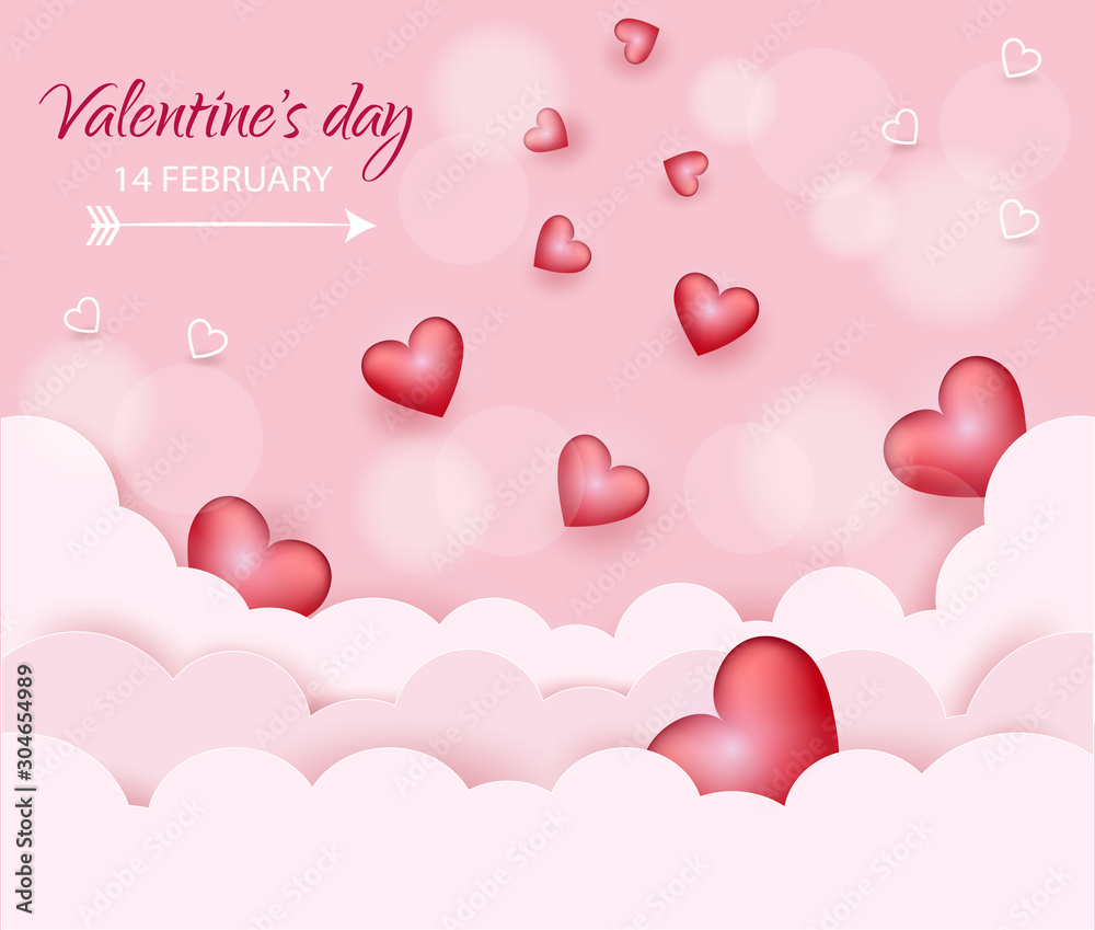 Happy valentines day postcard, hearts in the clouds VECTOR