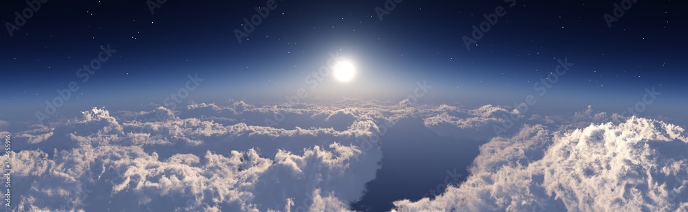 The sun over the clouds, panorama of the clouds, flight over the clouds. 3d rendering The sun over the clouds, panorama of the clouds, flight over the clouds. 3d rendering