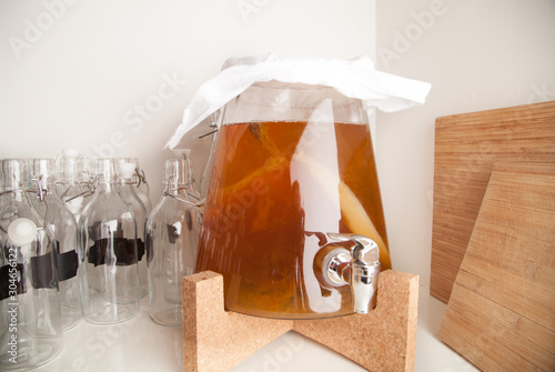 kombucha home brew with large scoby  photo