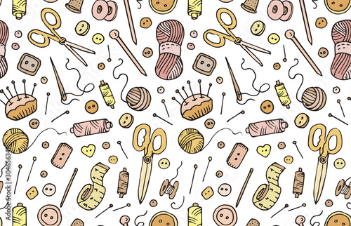 Sewing, Clothing, Tailoring, Knitting seamless pattern. Doodle sew equipment