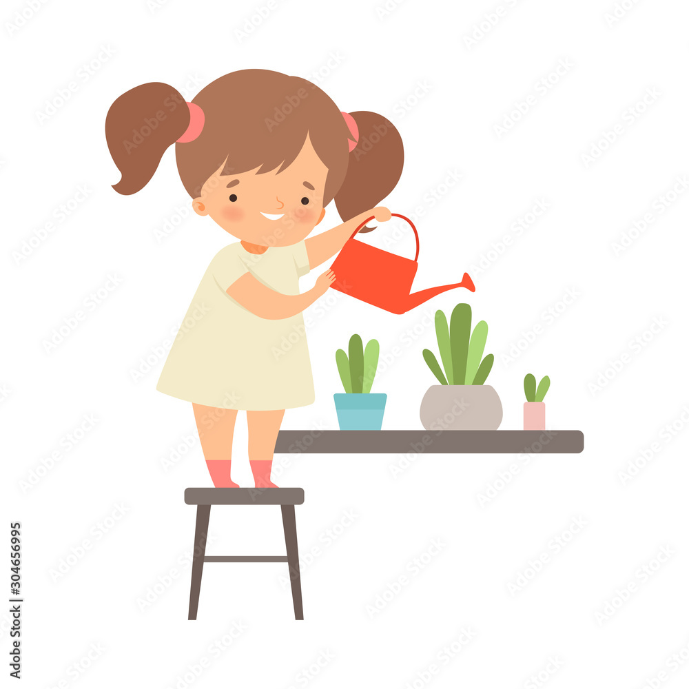 Little Girl Standing on Chair and Watering Flowers Vector Illustration Little Girl Standing on Chair and Watering Flowers Vector Illustration