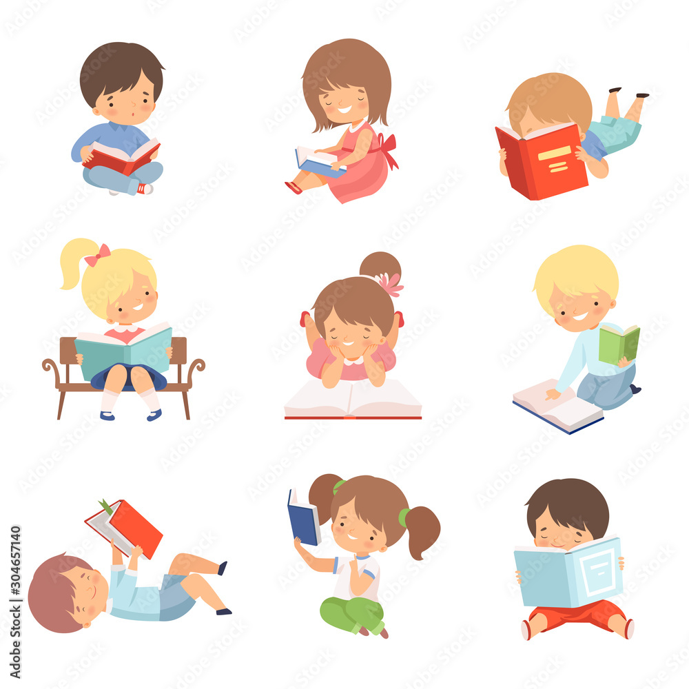 Kid Characters Learning to Read Vector Illustrations Set Kid Characters Learning to Read Vector Illustrations Set