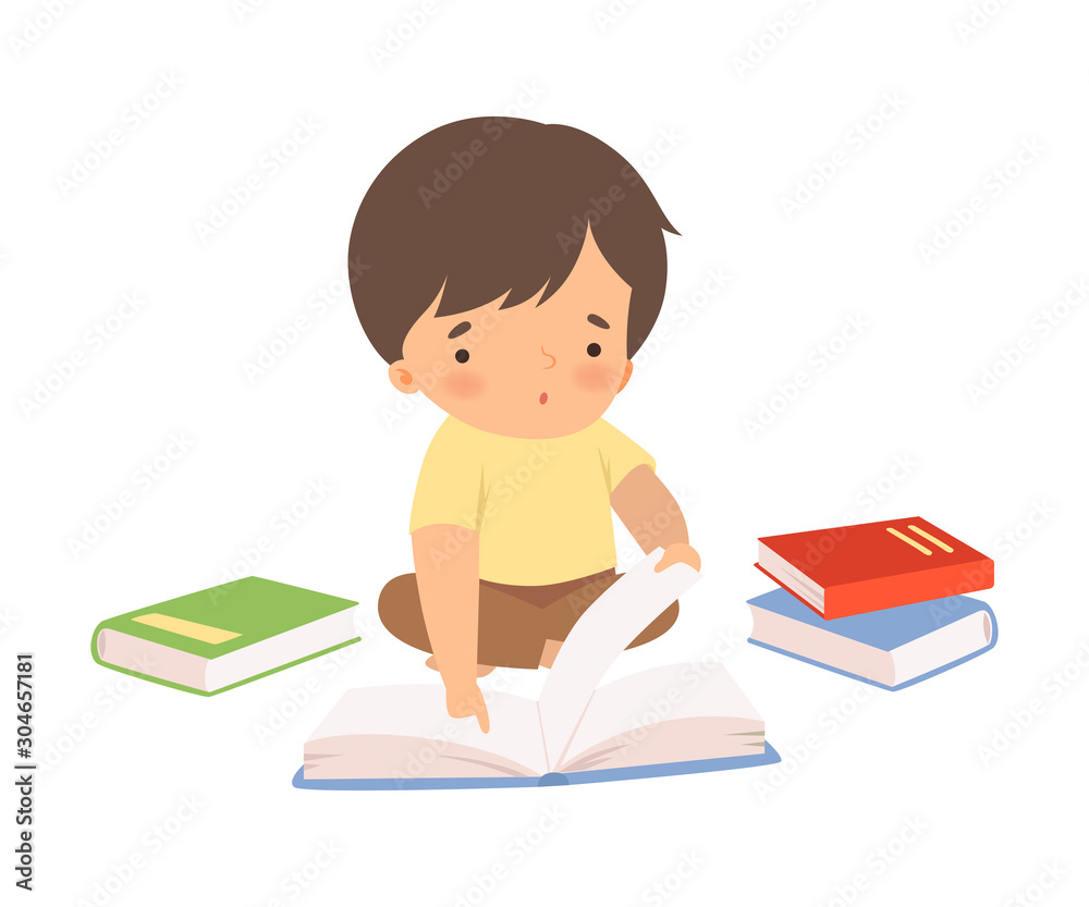 Boy Character Sitting on Floor and Learning How to Read Boy Character Sitting on Floor and Learning How to Read