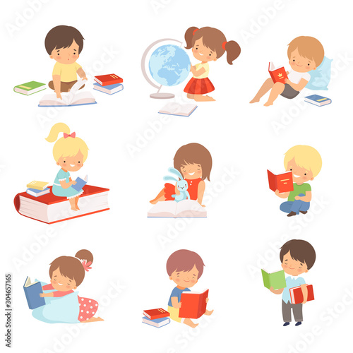 Kid Characters Learning to Read Vector Illustrations Set