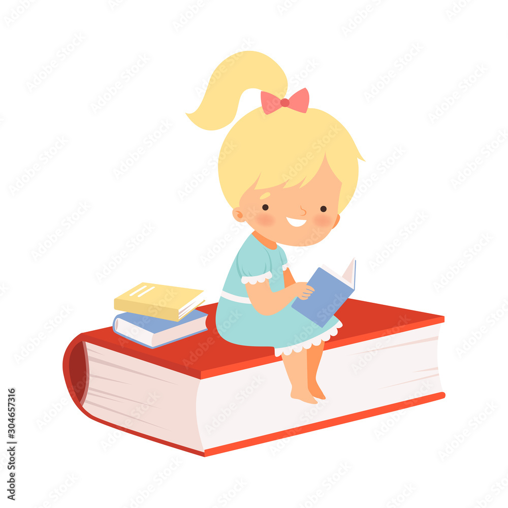 Little Cute Girl Sitting on Huge Book Cover and Learning to Read Vector Illustration