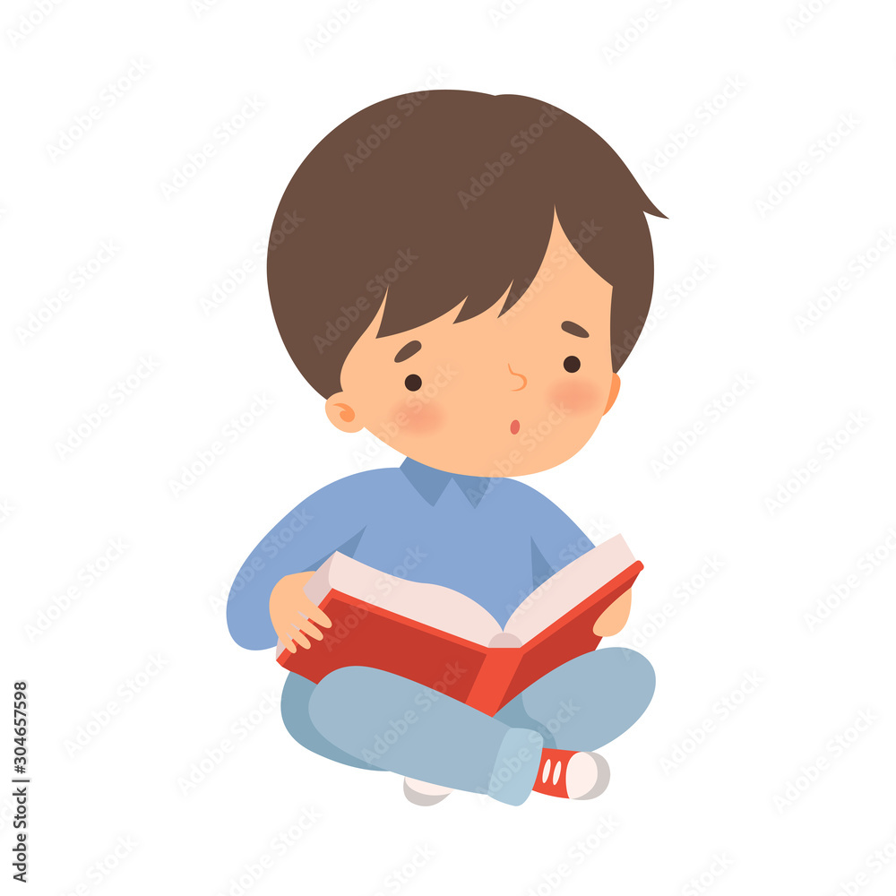 Boy Character Sitting on Floor and Learning How to Read Boy Character Sitting on Floor and Learning How to Read