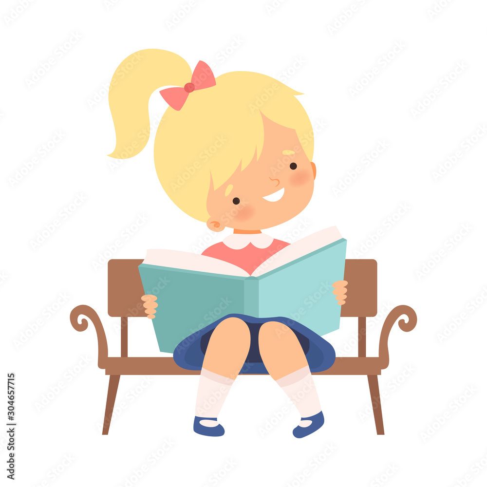 Little Girl Sitting on Bench and Learning to Read Vector Illustration Little Girl Sitting on Bench and Learning to Read Vector Illustration