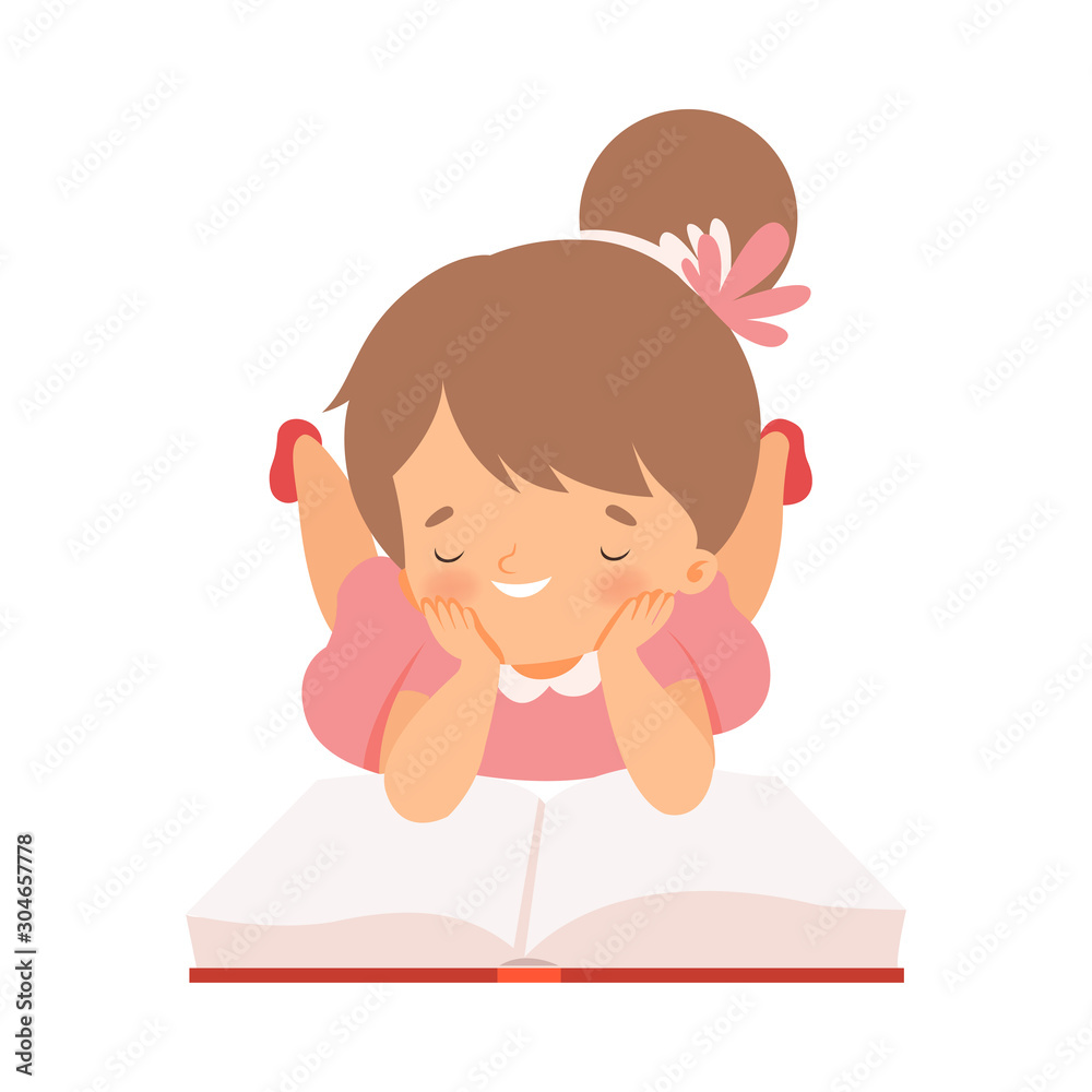 Little Girl Lying on Floor and Learning to Read Vector Illustration Little Girl Lying on Floor and Learning to Read Vector Illustration