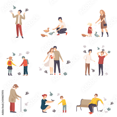 People Characters Walking and Feeding Pigeons on Town Squares Vector Illustrations Set