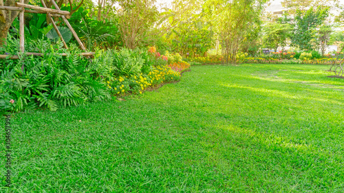Green grass lawn in a garden with flowering plant, shrub, trees and small random pattern of grey concrete stepping stone, in backyard under morning sunshine, good care landscaping in a public park