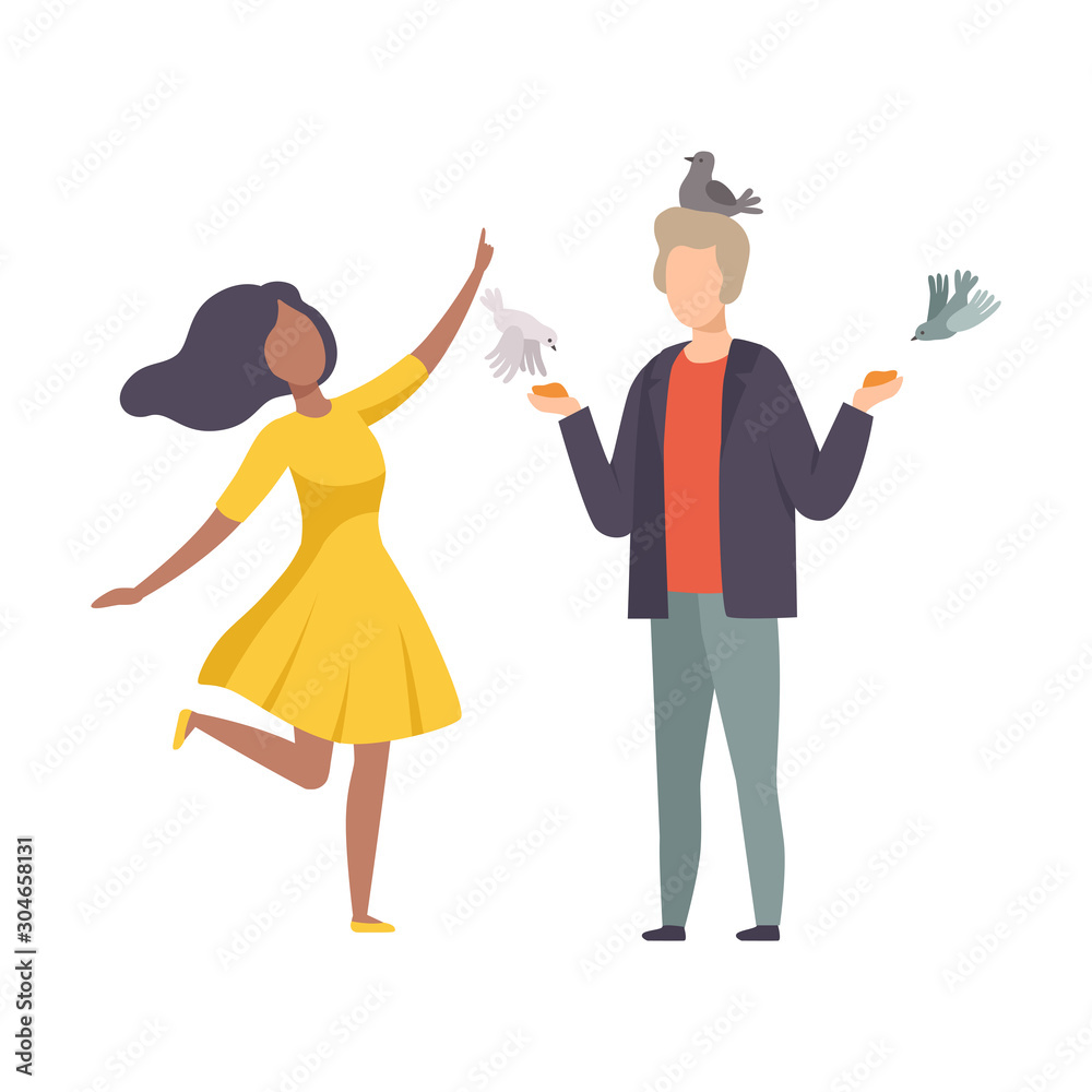 Young Faceless Couple Standing in the Park and Feeding Pigeons From Hand Vector Illustration Young Faceless Couple Standing in the Park and Feeding Pigeons From Hand Vector Illustration